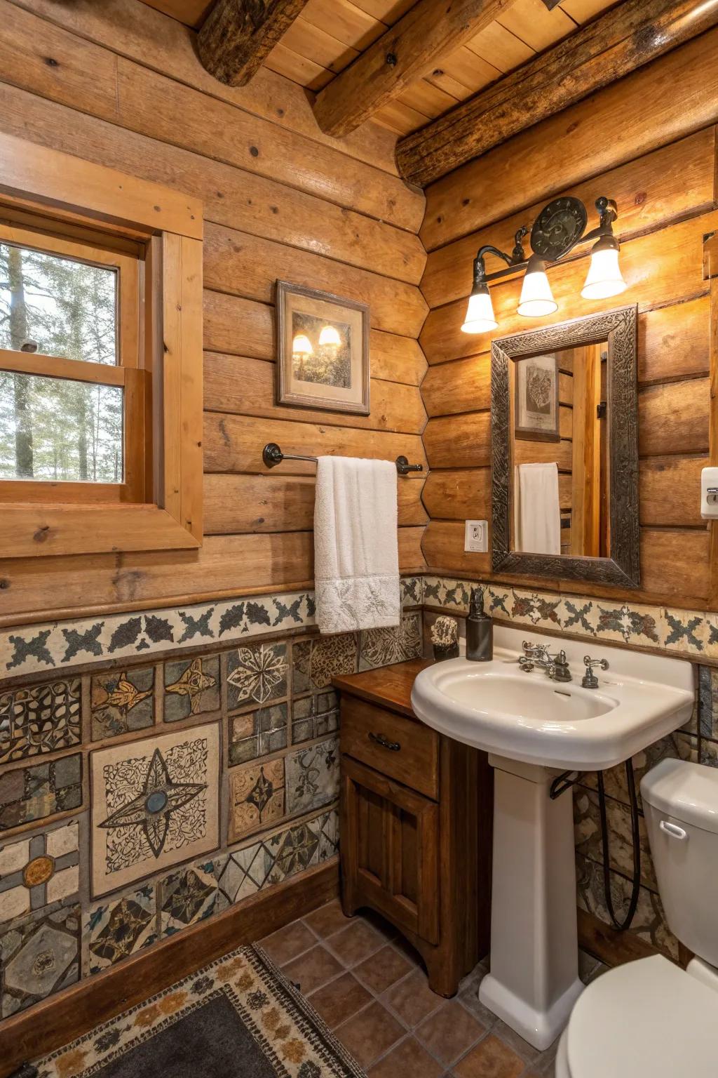 A log cabin bathroom with charming rustic details.