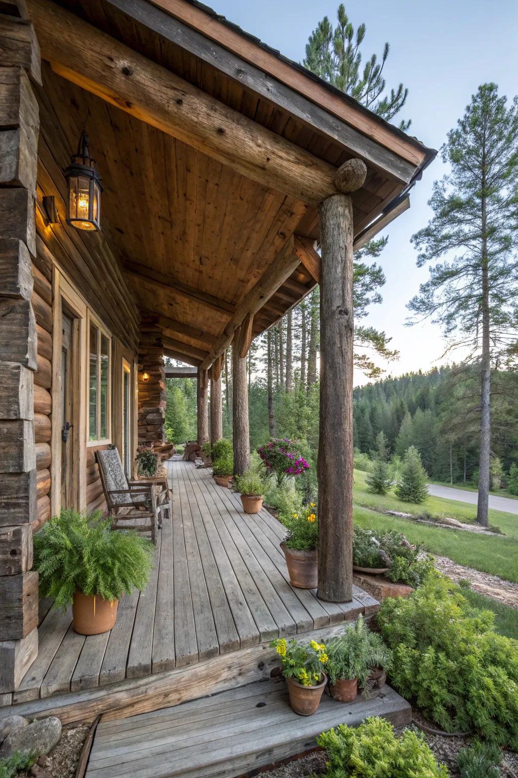 Exposed beams lend a rustic and striking architectural touch to a log cabin porch.