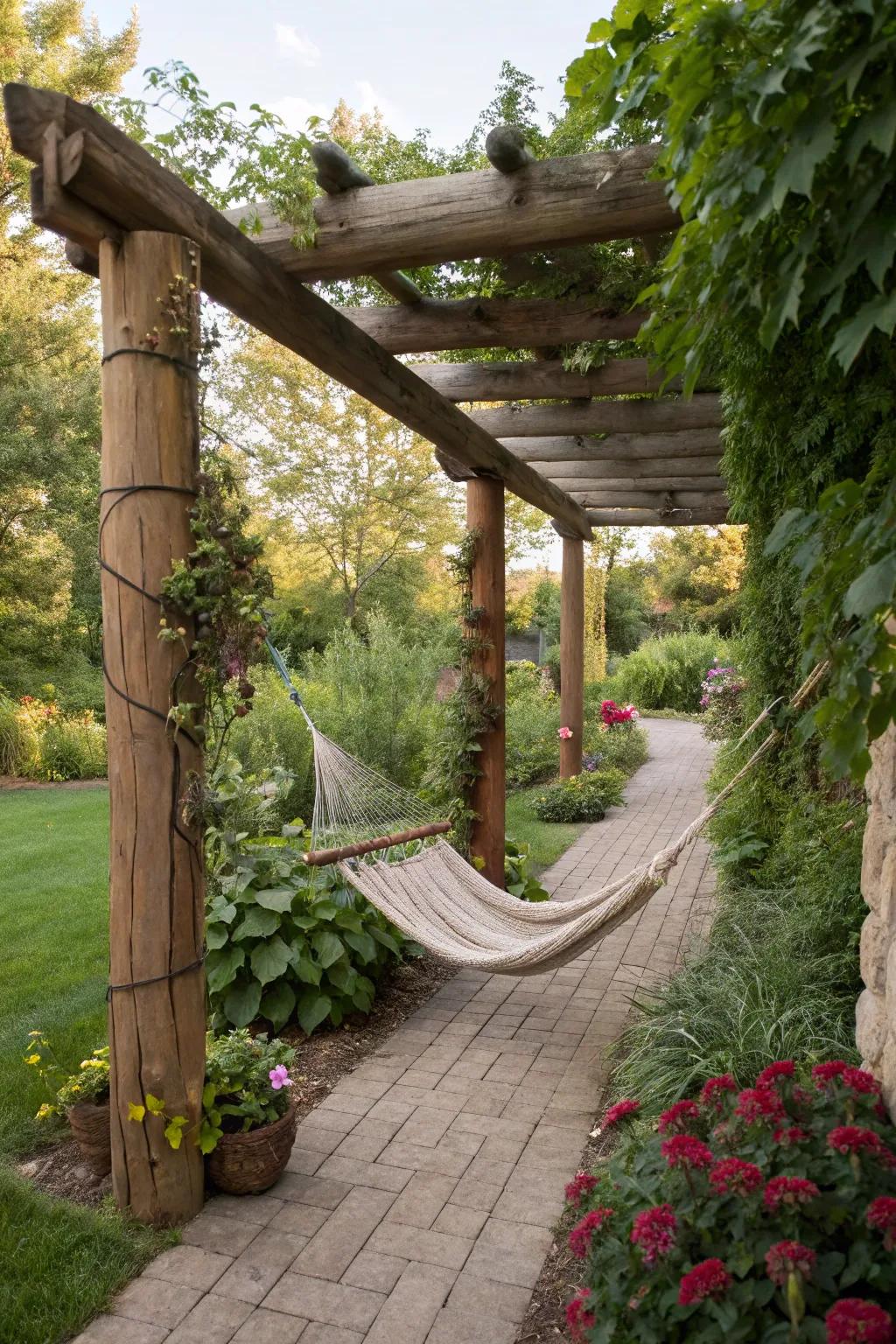 A restful hammock swaying beneath a log pergola.
