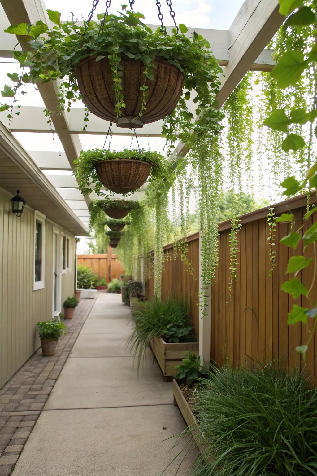Hanging planters add greenery and interest at eye level.