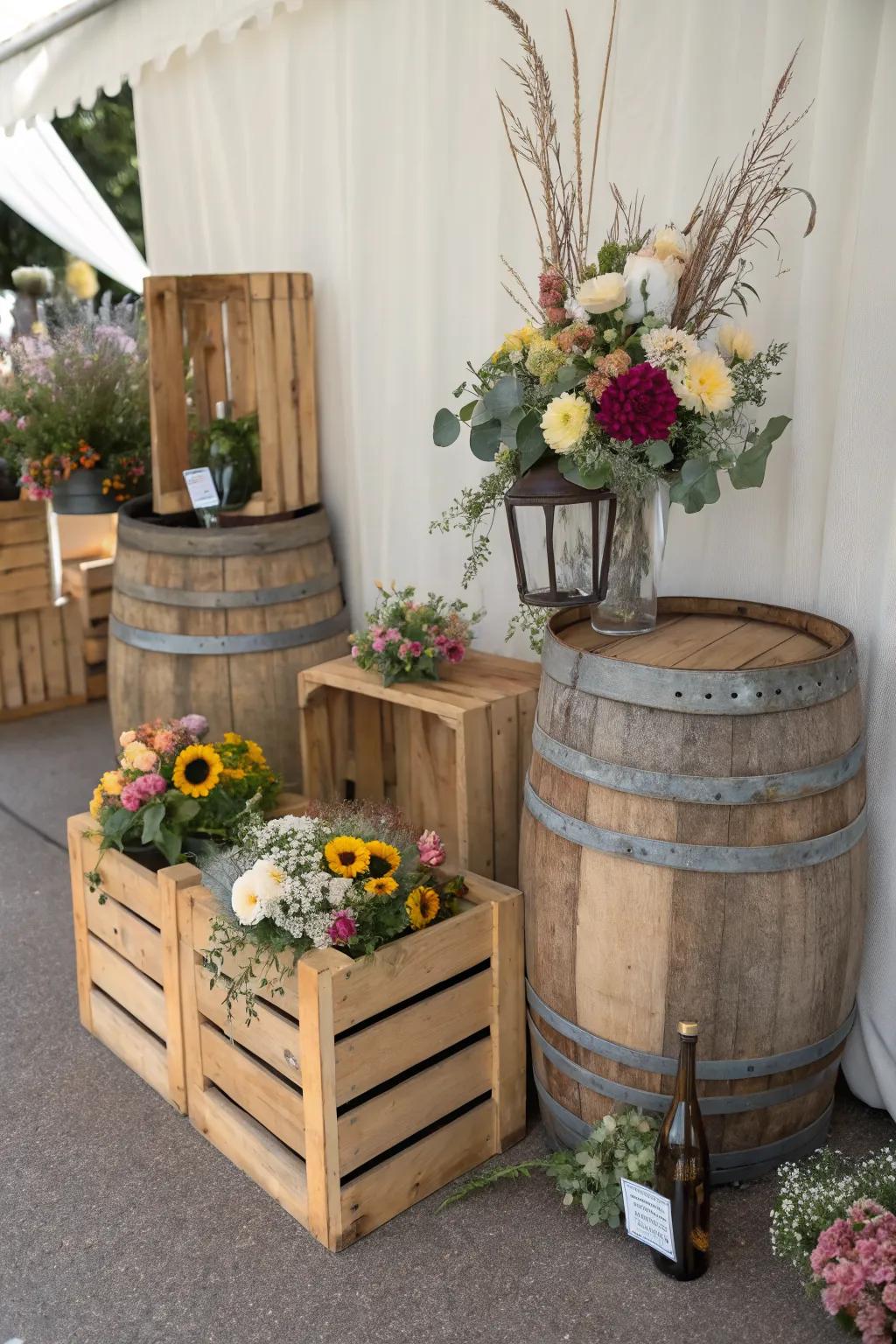 Add rustic charm with wooden crates and barrels.
