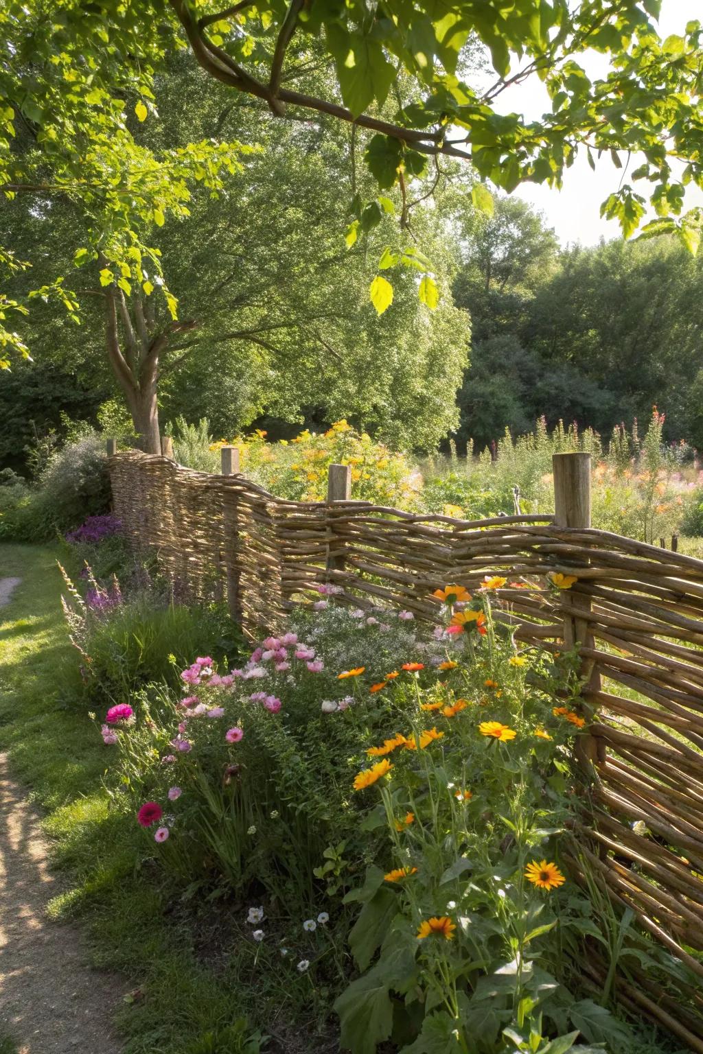 Woven willow fences add rustic elegance to gardens.