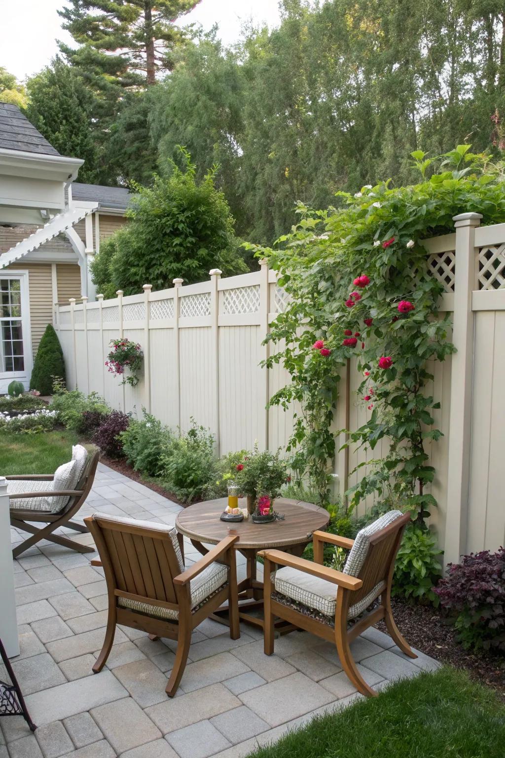 Vinyl privacy screens provide seclusion with minimal maintenance.