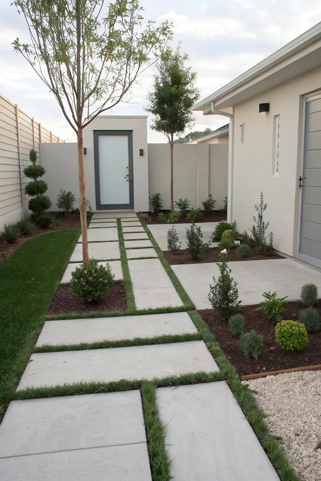 Minimalistic design offering a chic, low-maintenance front yard solution.