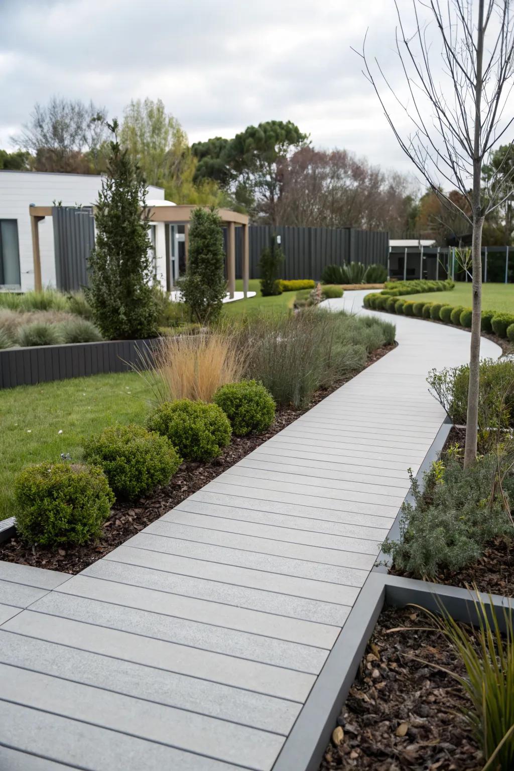 Composite decking paths are modern and low-maintenance.