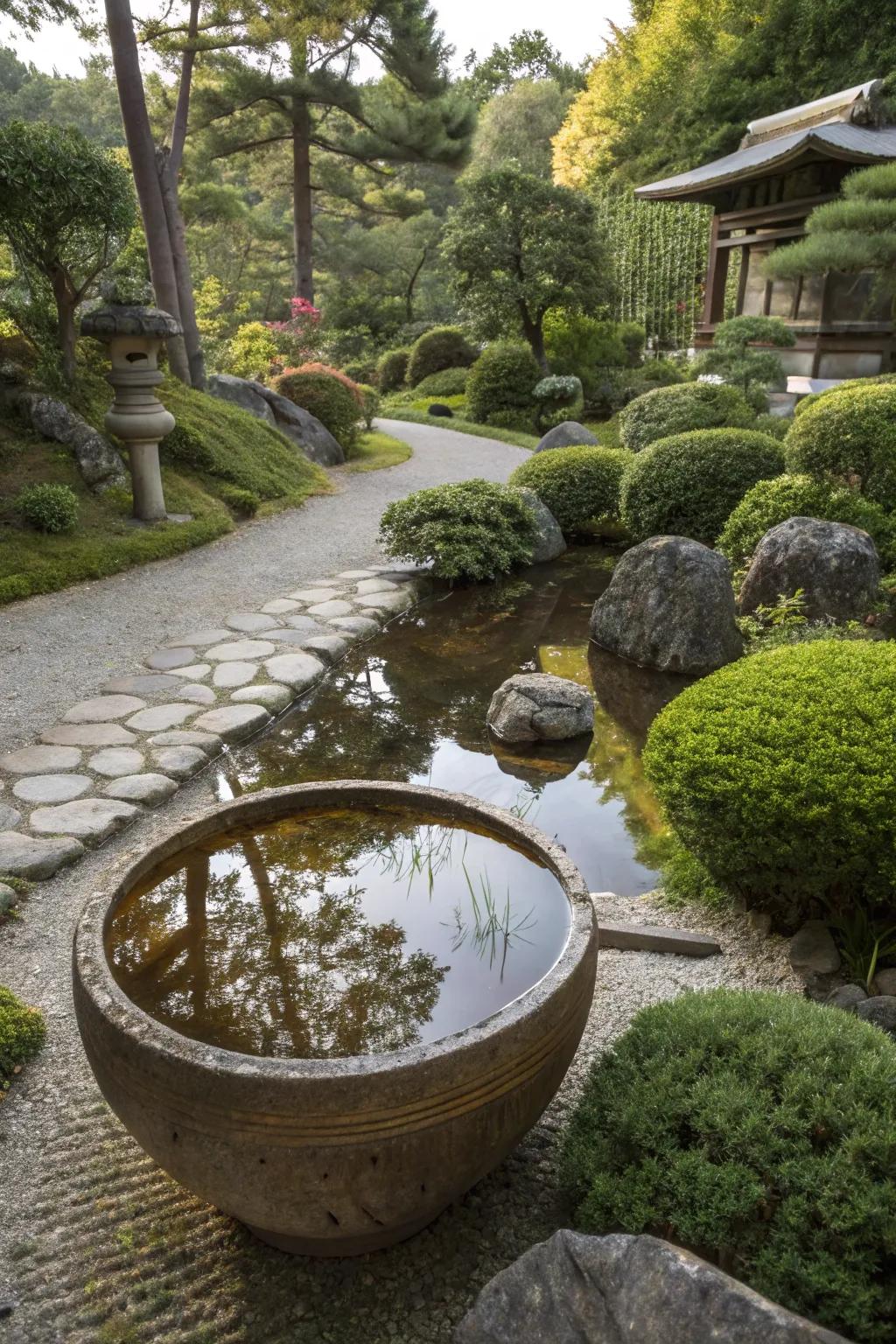 Reflective bowls offer a pond-like effect with less upkeep.