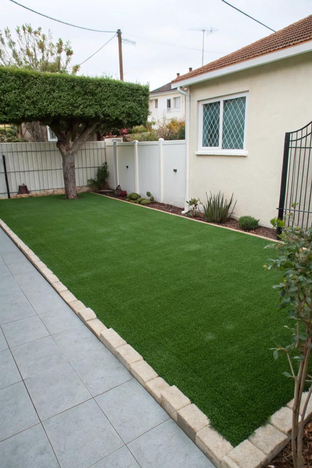 Artificial turf offers a green lawn look without the maintenance.