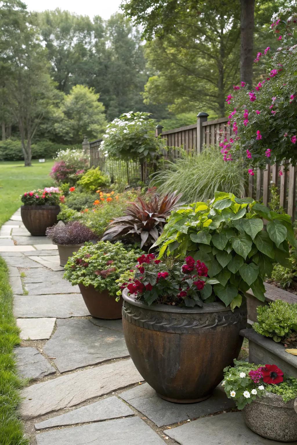 Large pots creating a focal point in a modern garden.