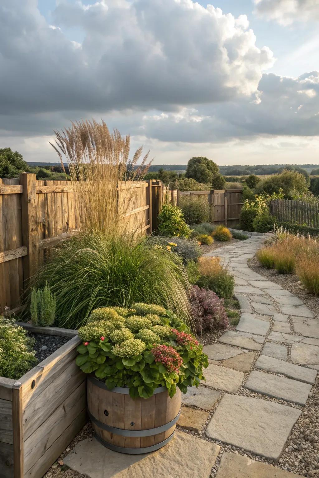 A rustic charm with ornamental grasses and sedums, perfect for any garden.