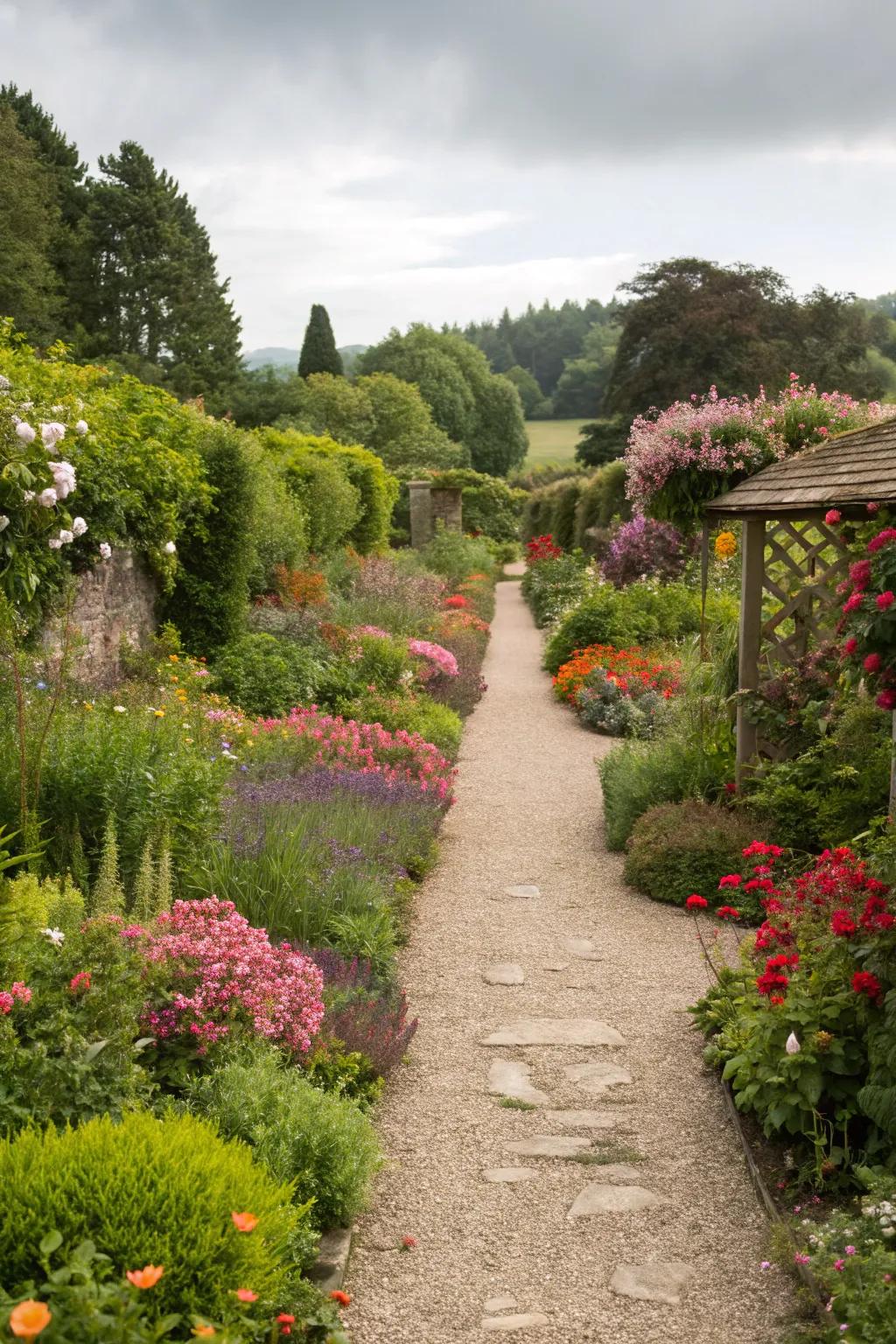 Gravel paths define spaces and add rustic charm with no upkeep.