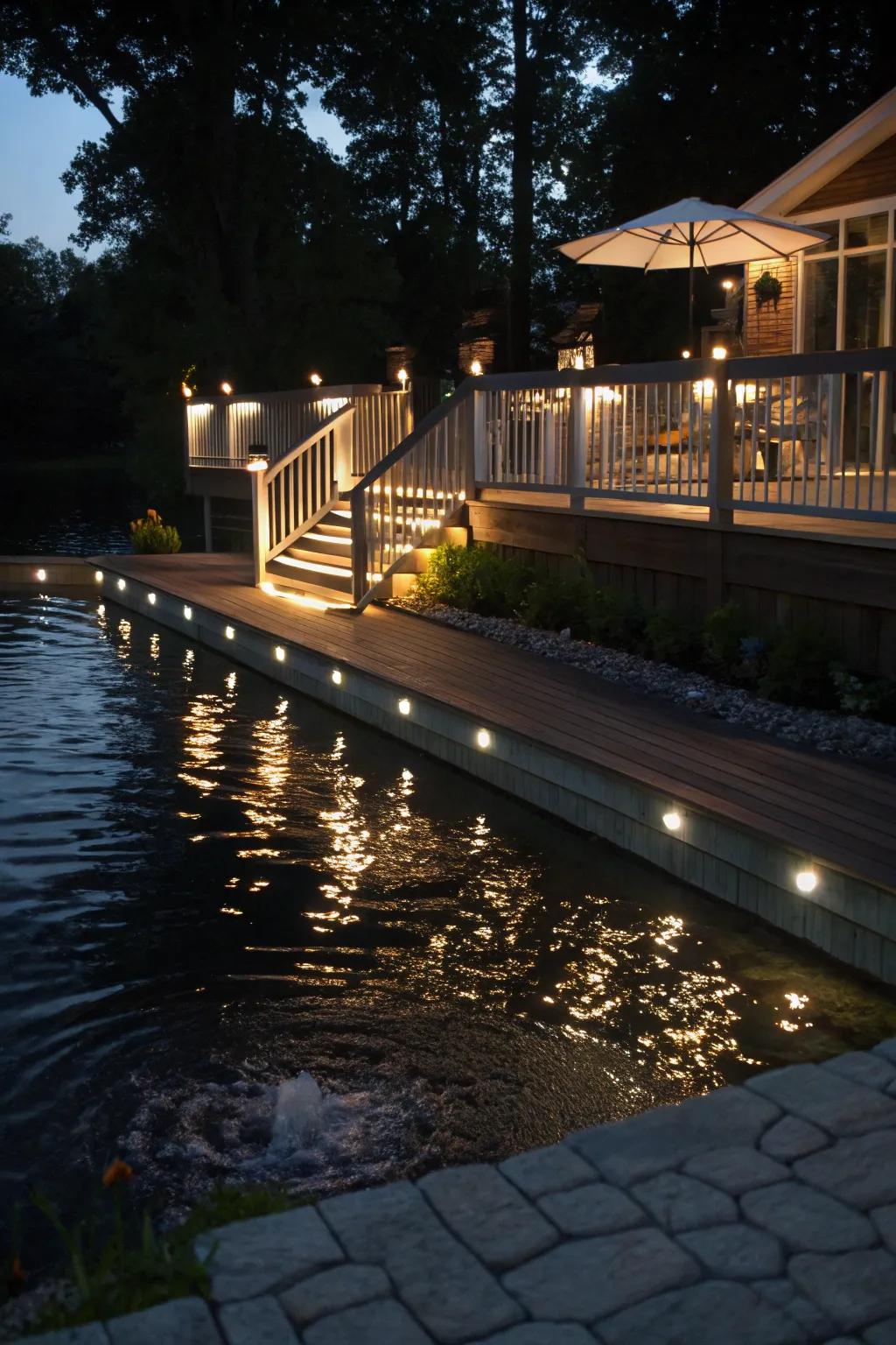 Lighting near water features creates mesmerizing reflections.