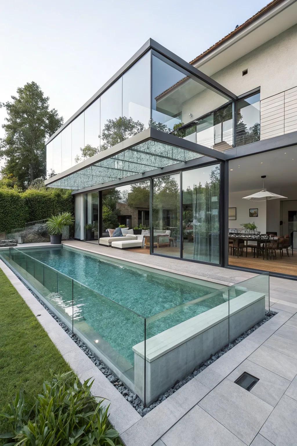 Glass panels offer a modern and open feel to above ground pools.