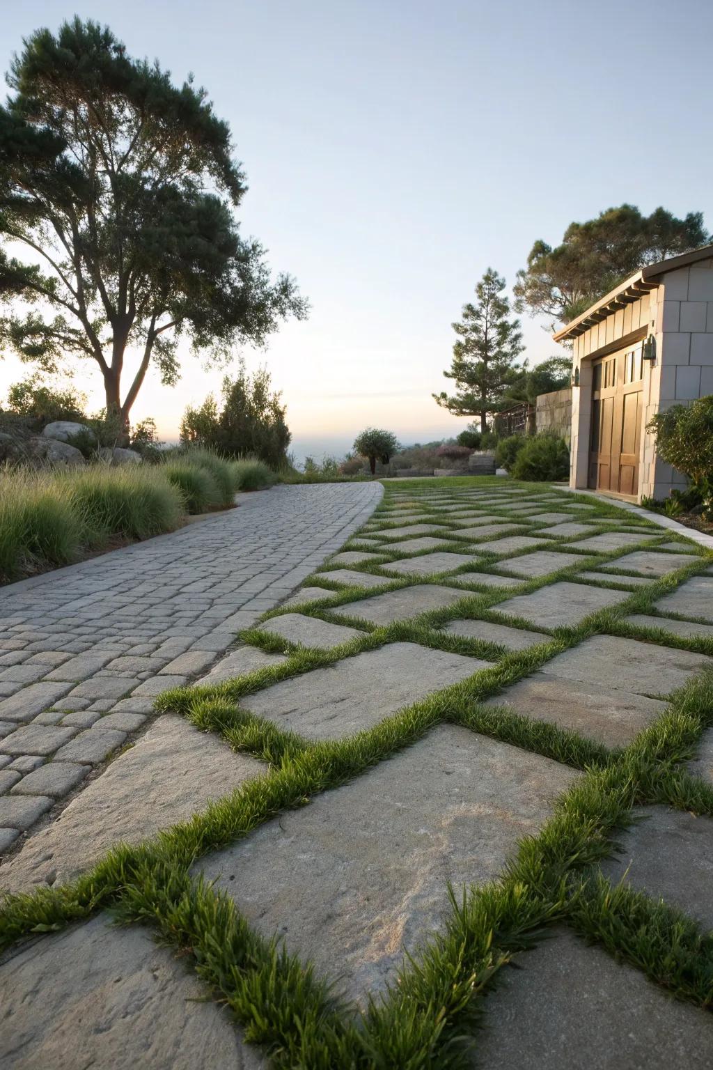 Grass between pavers creates a green, eco-friendly driveway.
