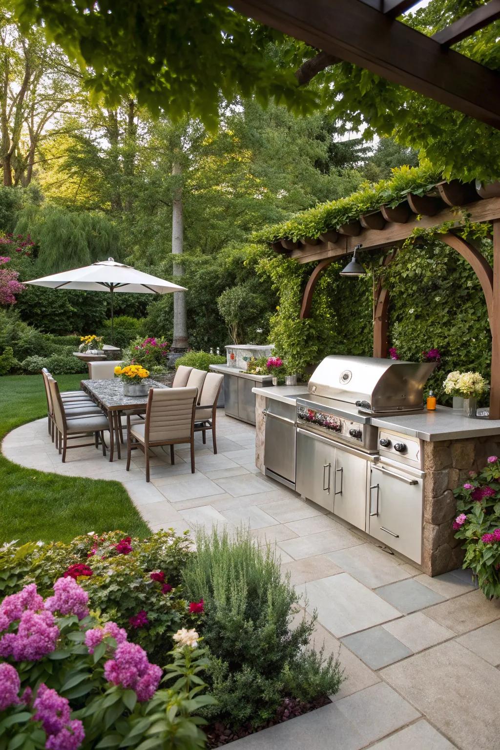 A luxurious outdoor kitchen in a beautifully landscaped garden.