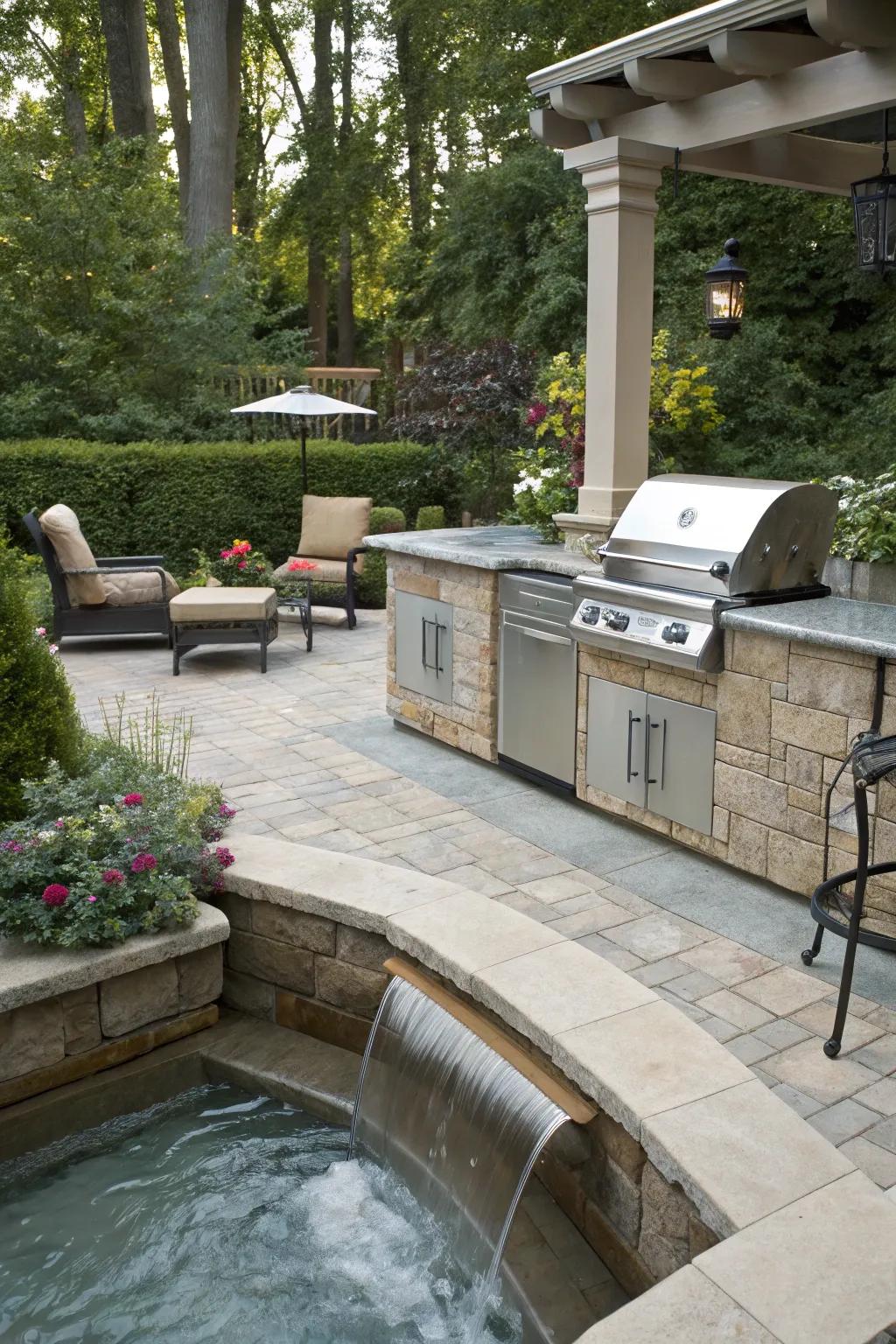 A water feature enhances the tranquil atmosphere of your outdoor kitchen.