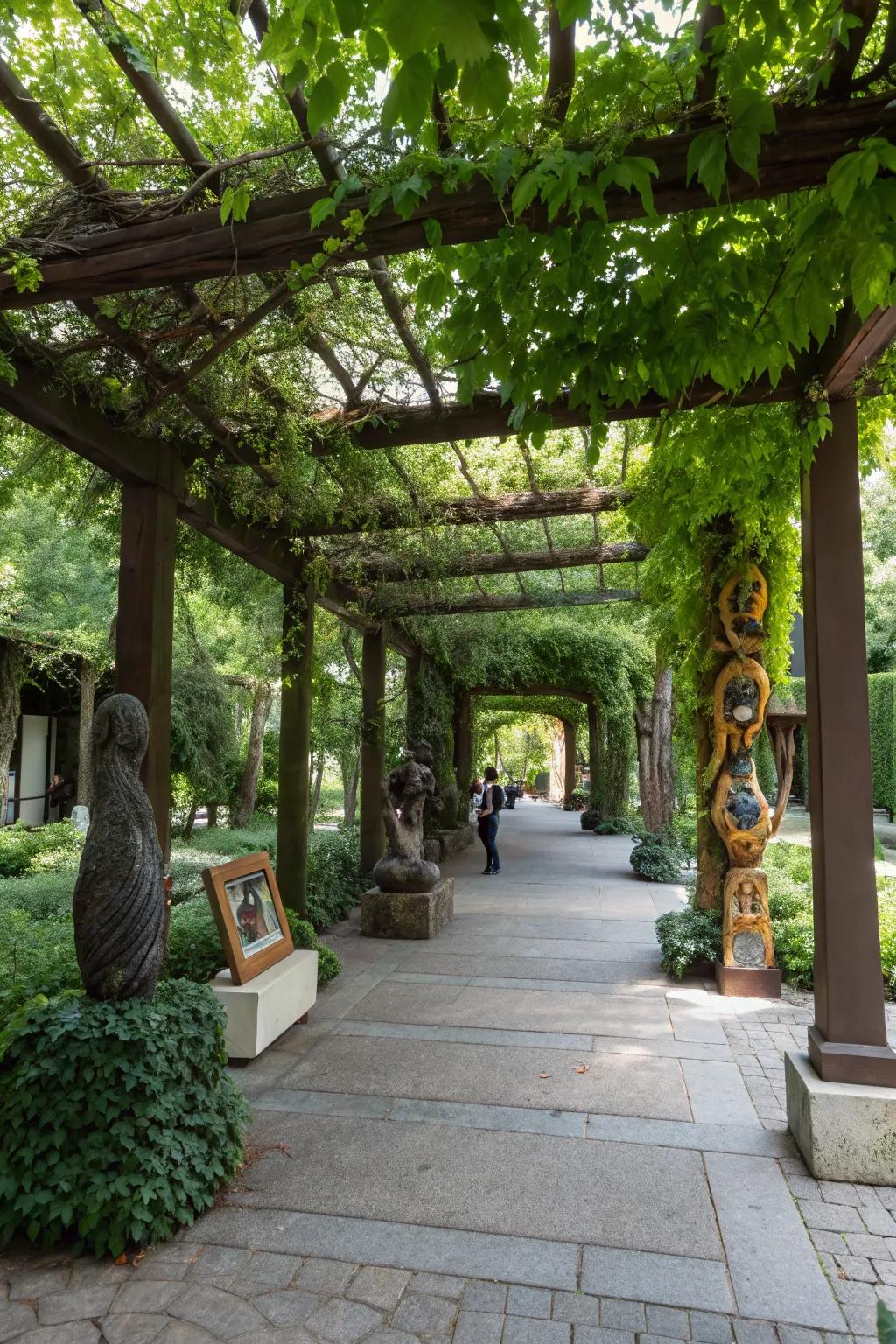Artistic sculptures add unique flair and personality to a pergola area.