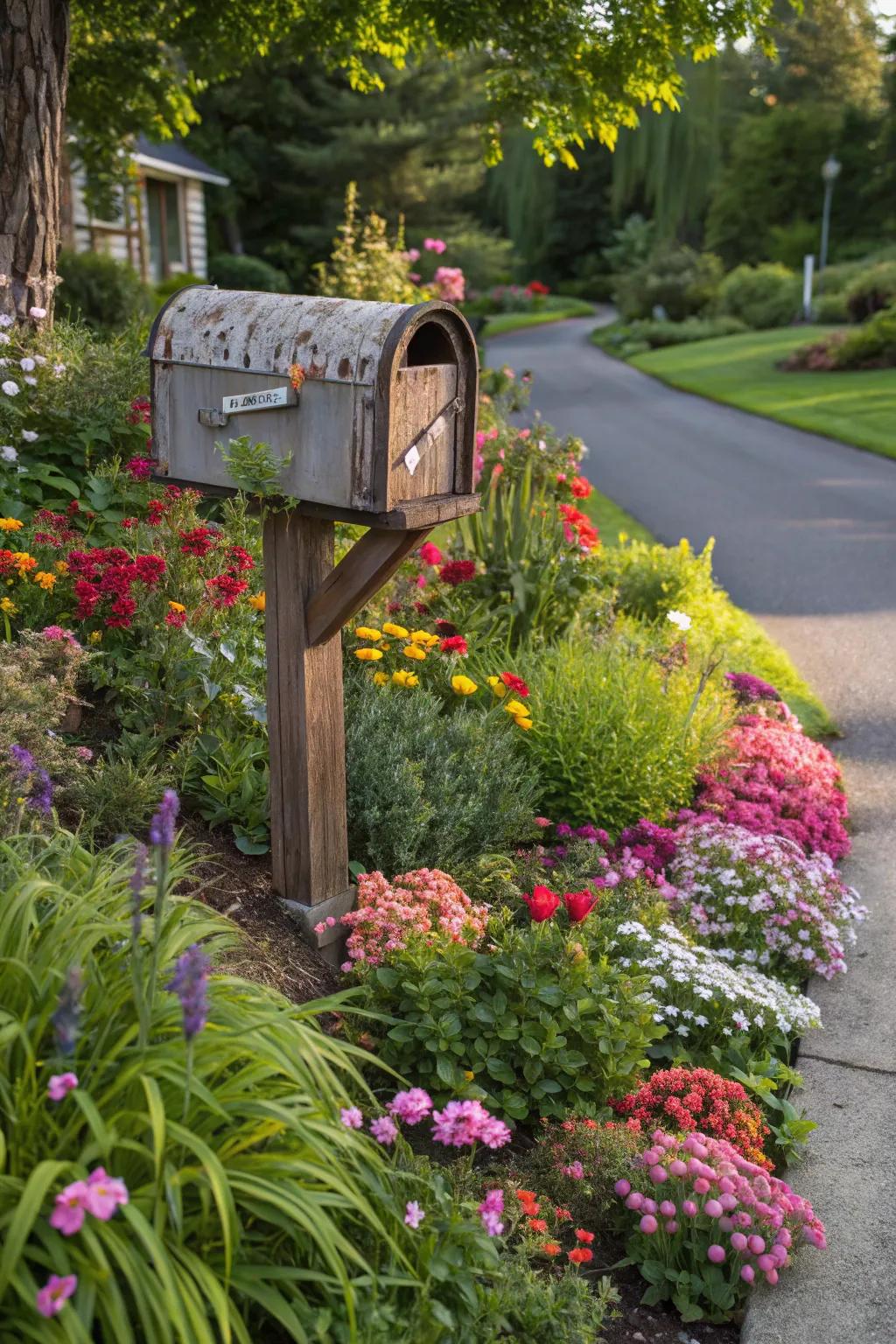 Garden bed integration creates a seamless and natural mailbox setting.