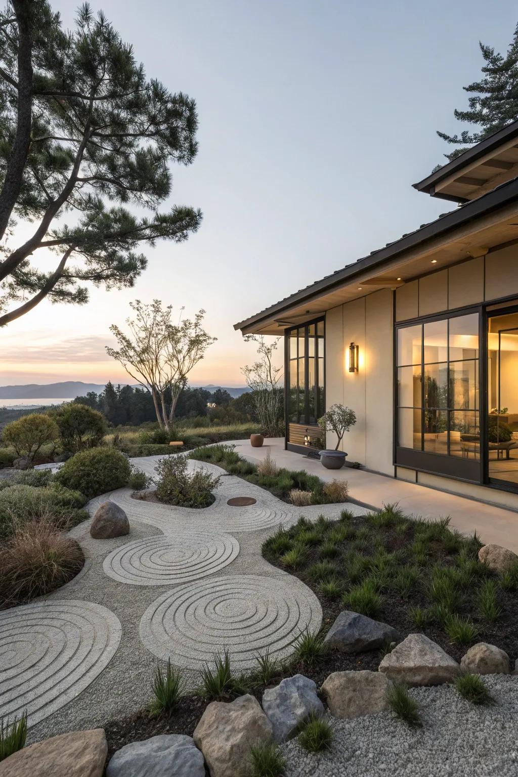 A Zen garden provides a tranquil and meditative space.