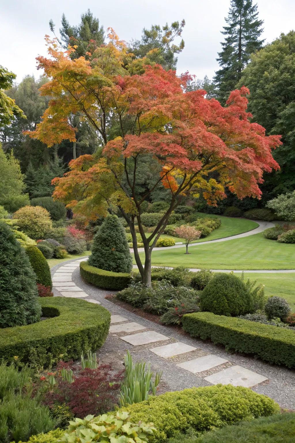 Evergreens provide contrast and year-round interest with maple trees.