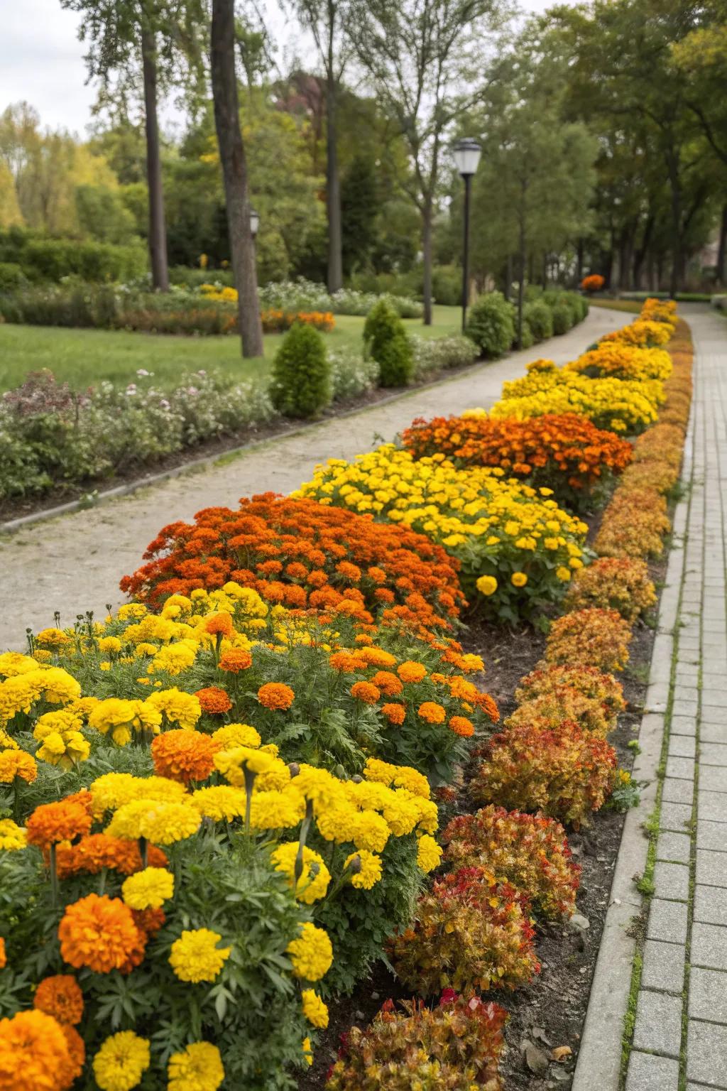 Dynamic seasonal marigold display.