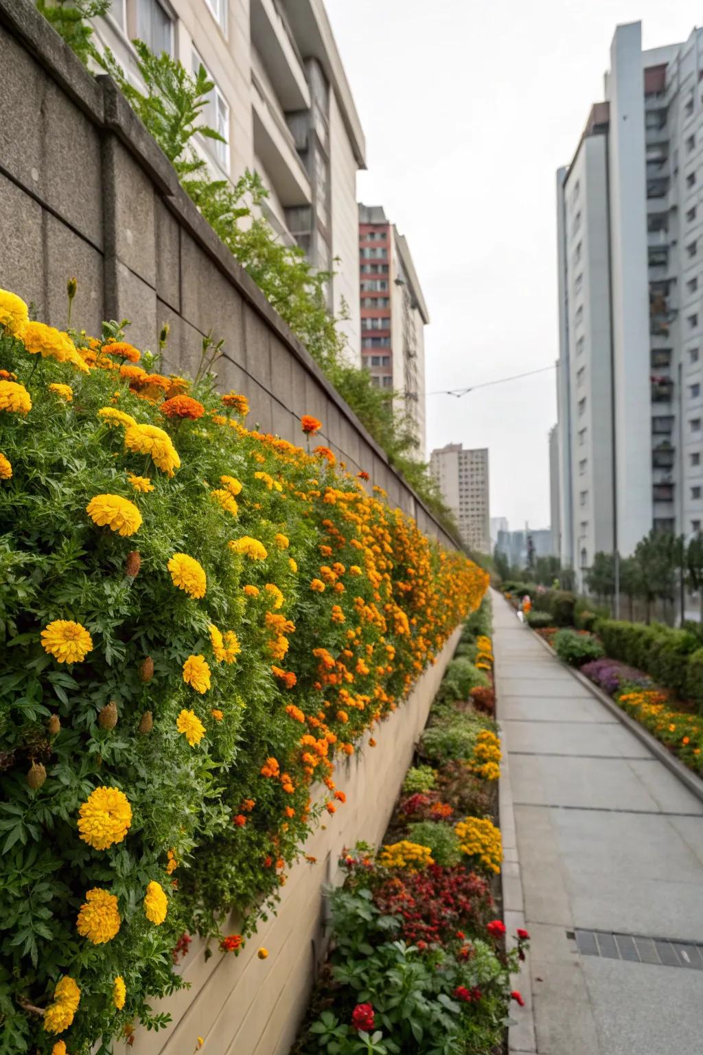 A vertical garden filled with marigolds offers a striking wall of color.