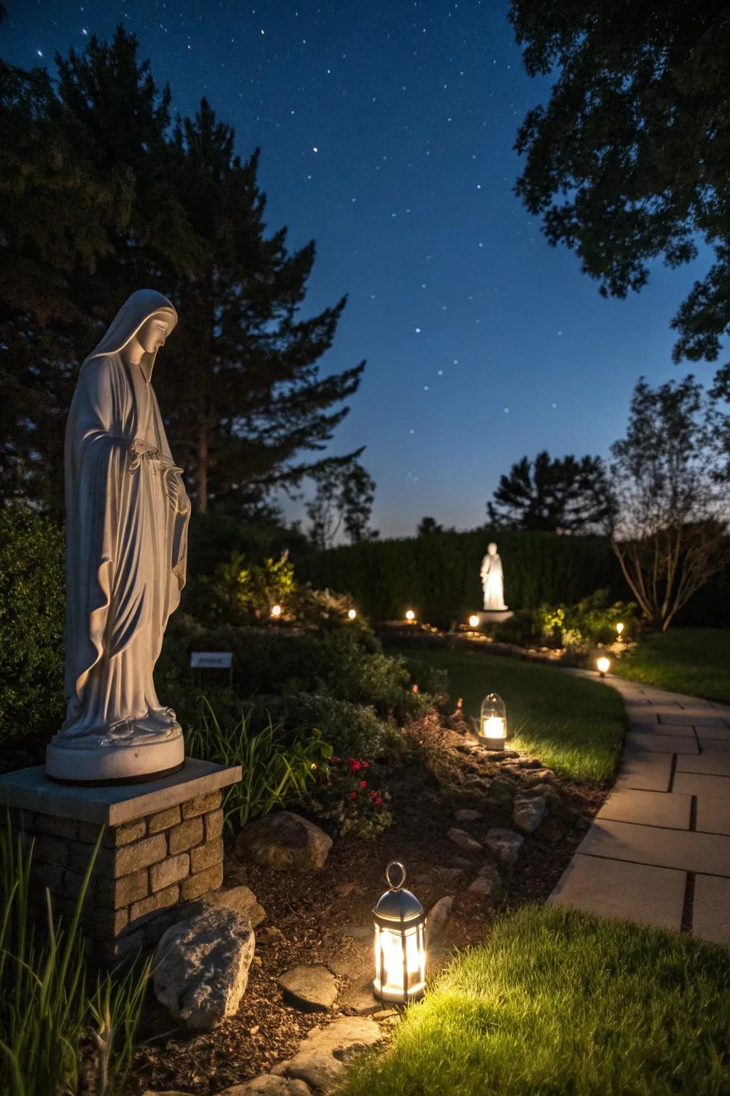 Solar lights create a magical nighttime atmosphere in a Mary garden.
