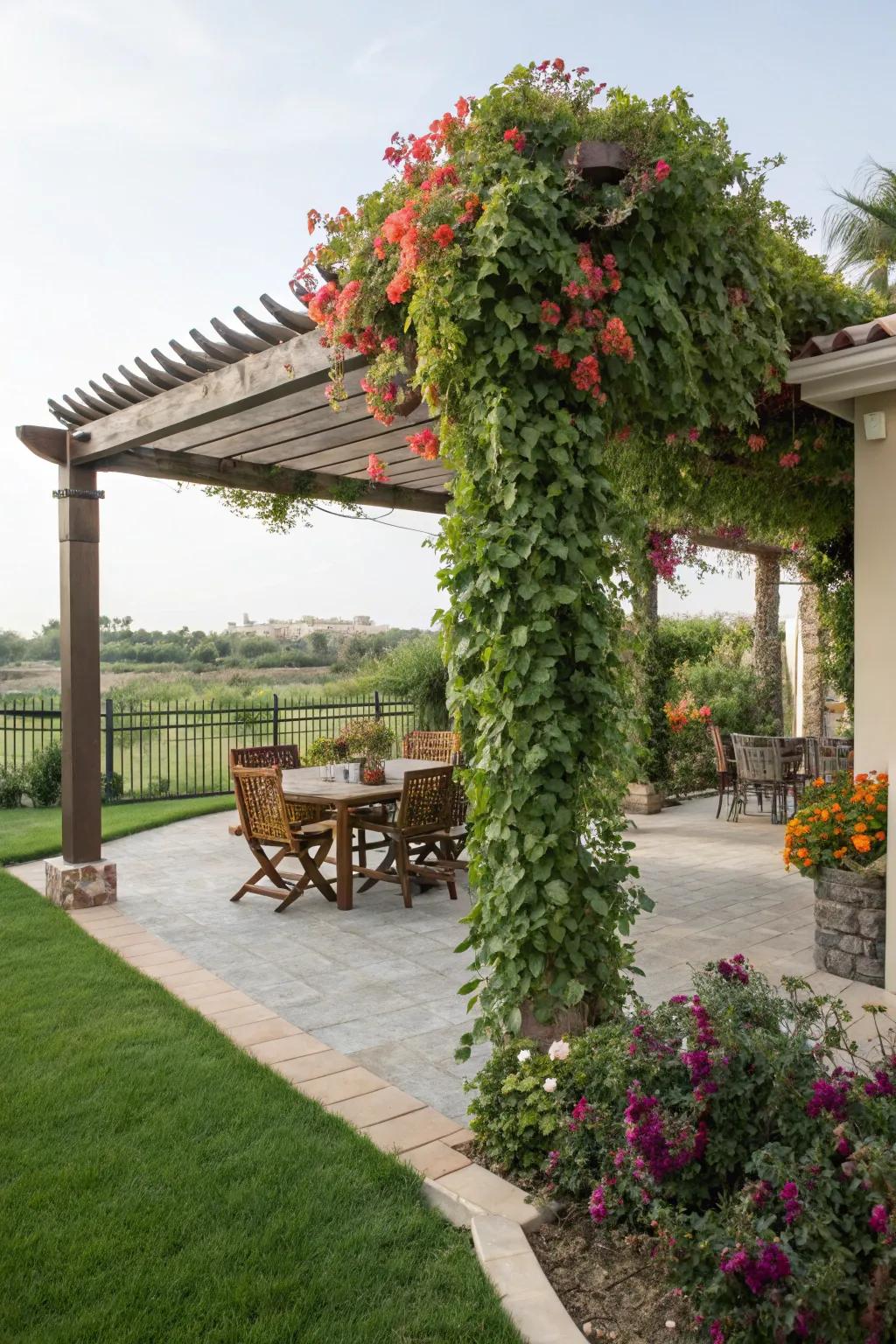 A meditation patio with a pergola offering shade.