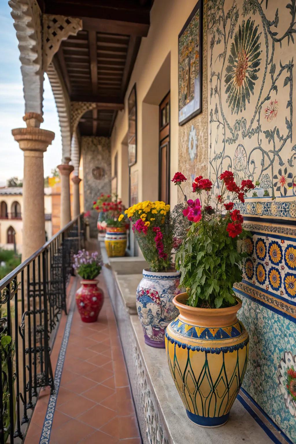 Colorful ceramic accents infuse this balcony with vibrant Mediterranean style.