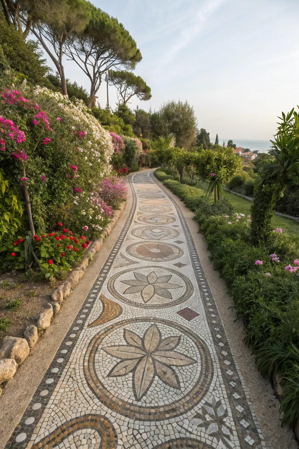 Pebble mosaics create stunning visual patterns in garden paths.
