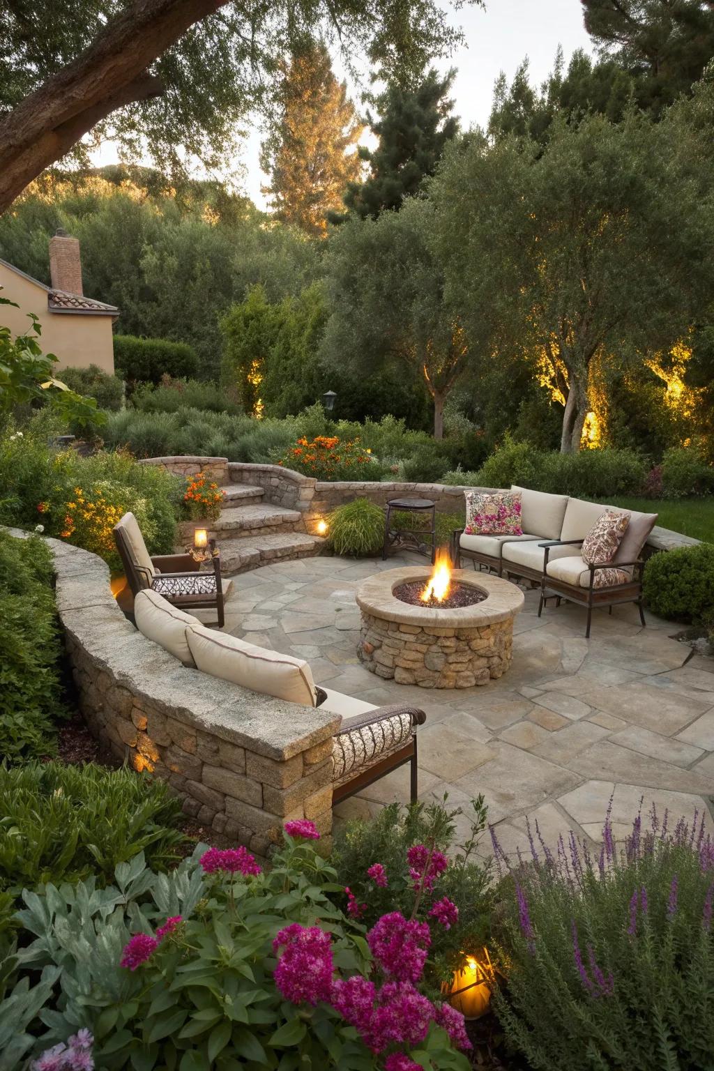 A fire pit adds warmth and a focal point for gatherings.
