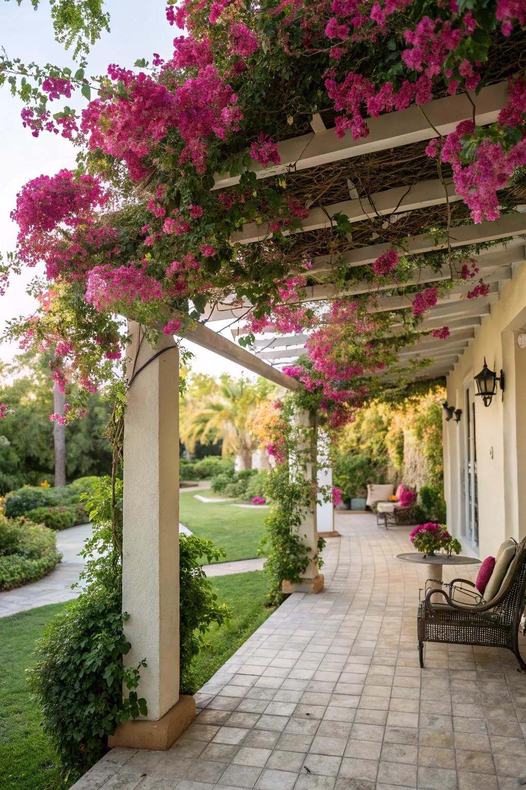 Bougainvillea vines add vibrant color and charm.