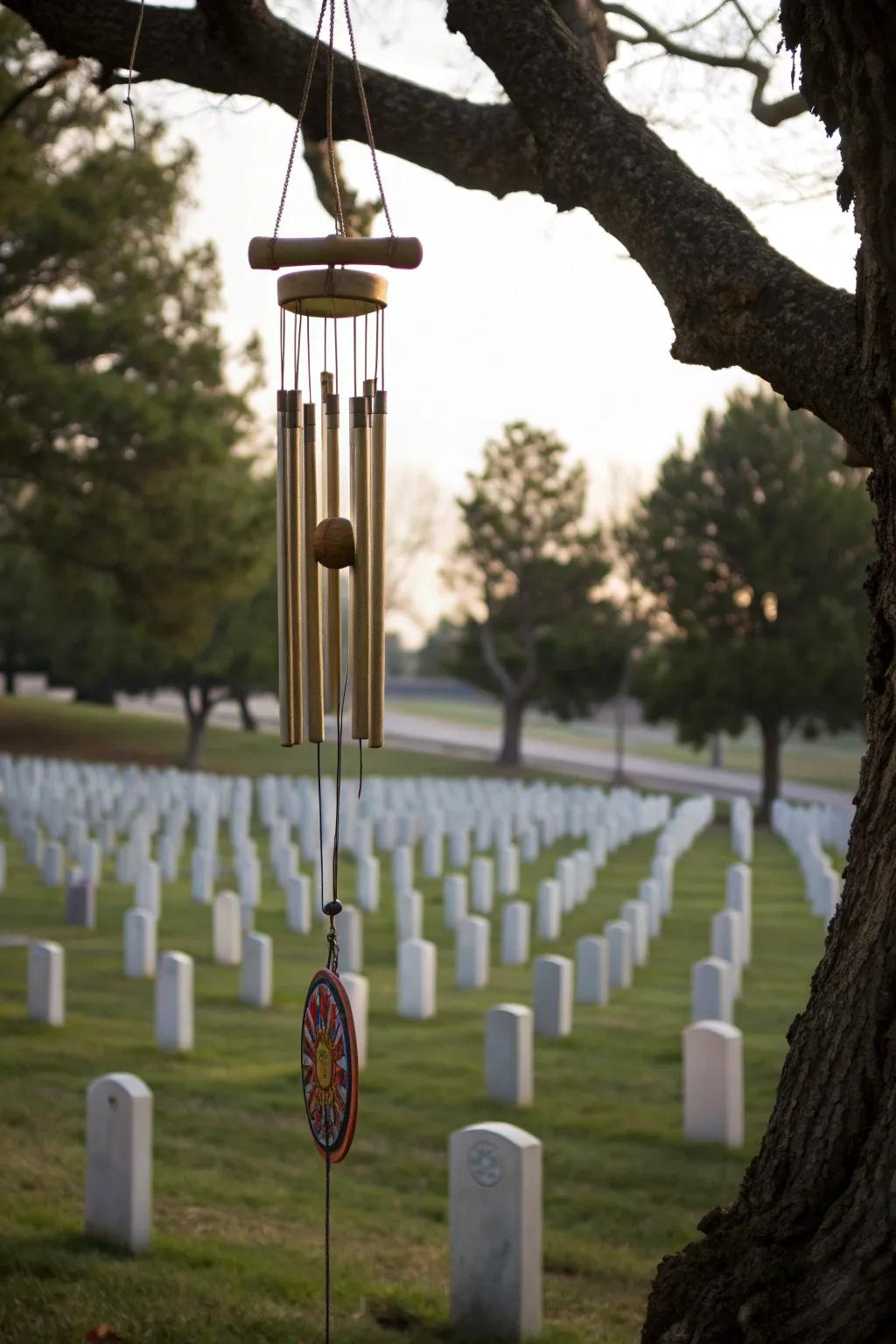 Wind chimes bring soothing melodies to the memorial garden.
