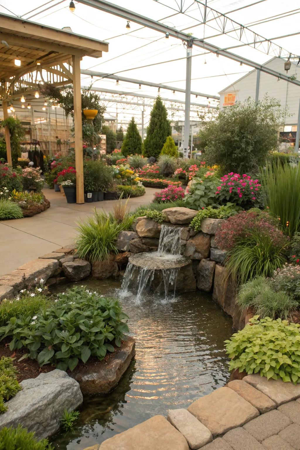 A peaceful garden display with a small water feature.