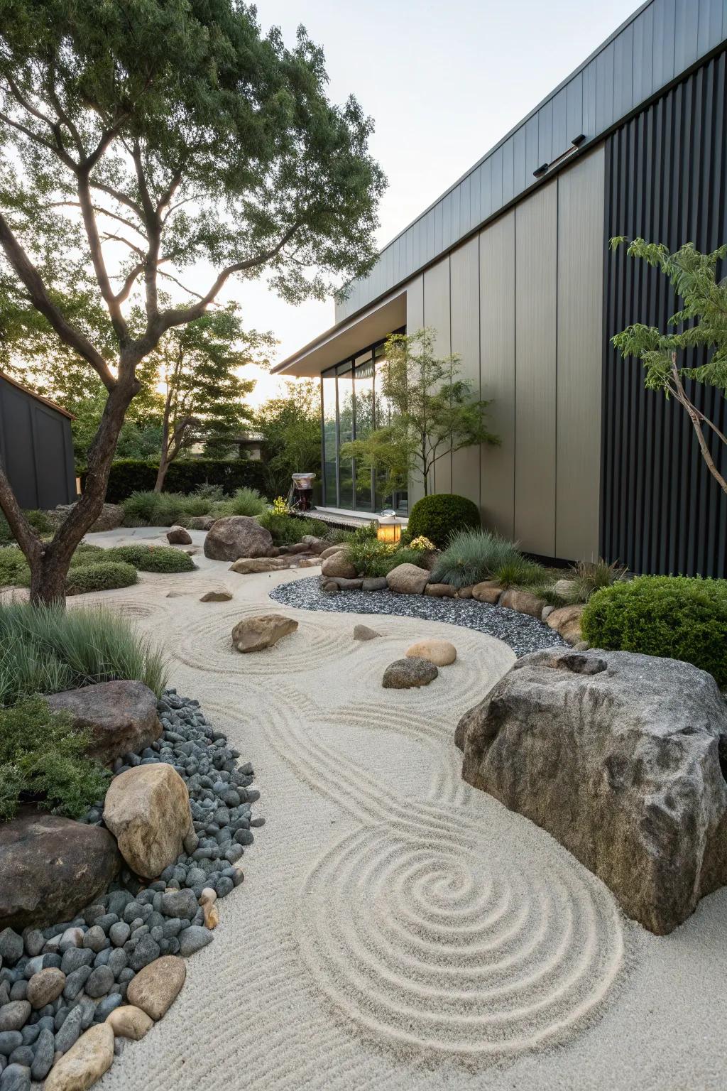 A serene Zen garden beside a metal garage.
