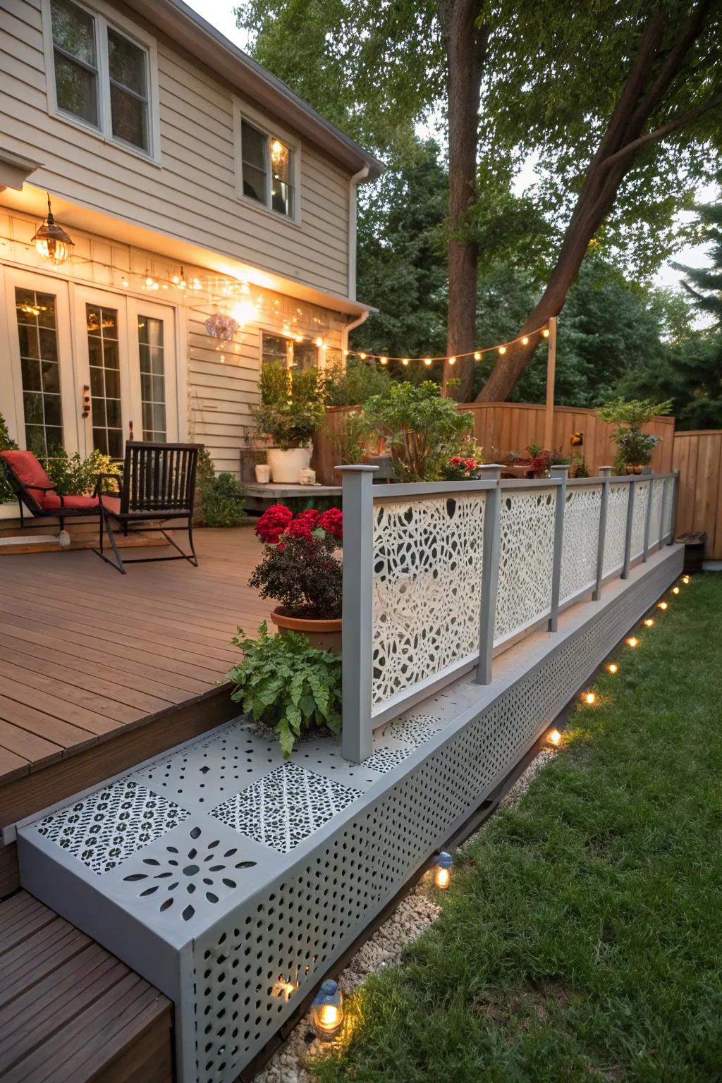 Perforated metal skirting adds a touch of whimsy to this cozy deck.