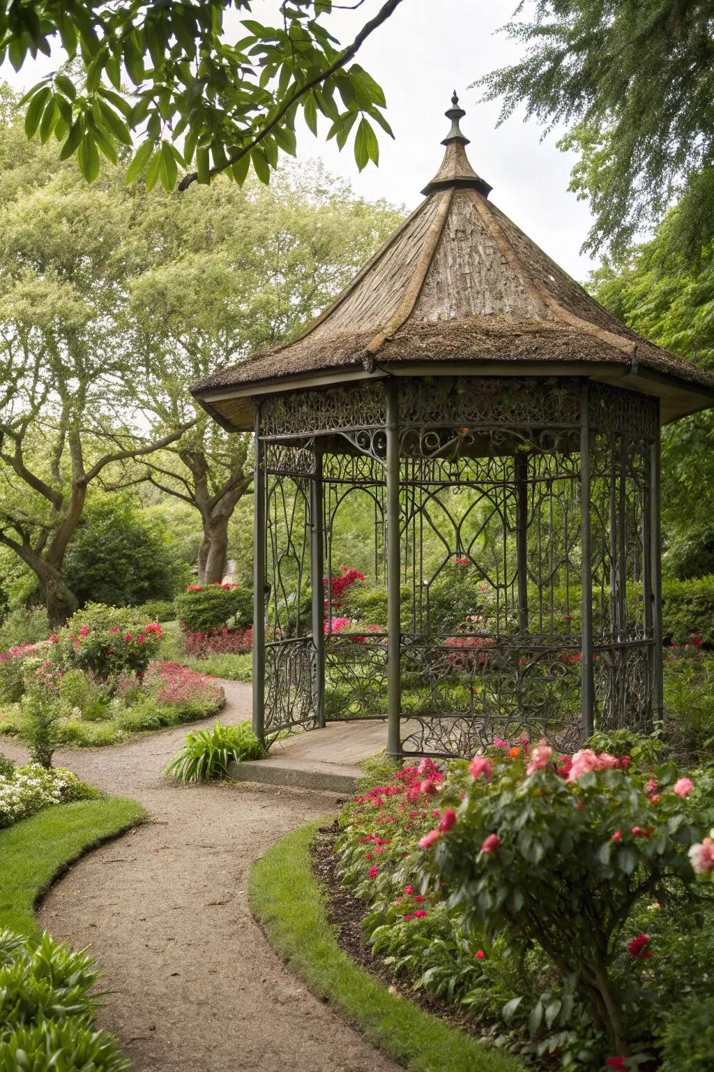 A thatched roof adds rustic charm to your metal gazebo.