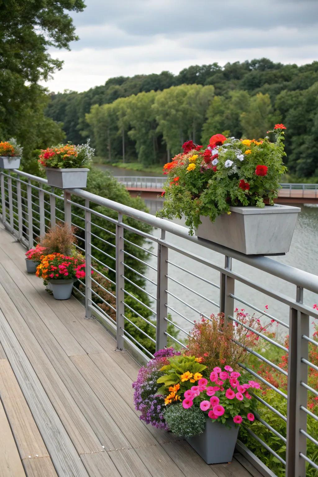 Nature integrated with planters on horizontal deck railings.
