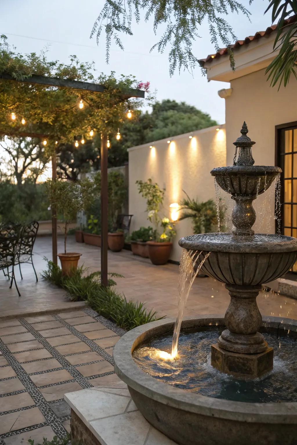 A sophisticated metal water feature adding a touch of tranquility to this patio.