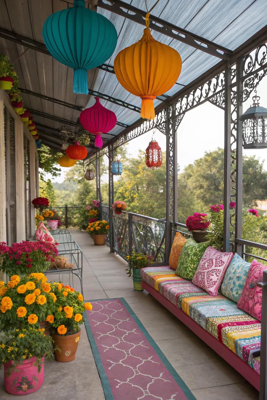 A metal porch with a colorful and lively touch.
