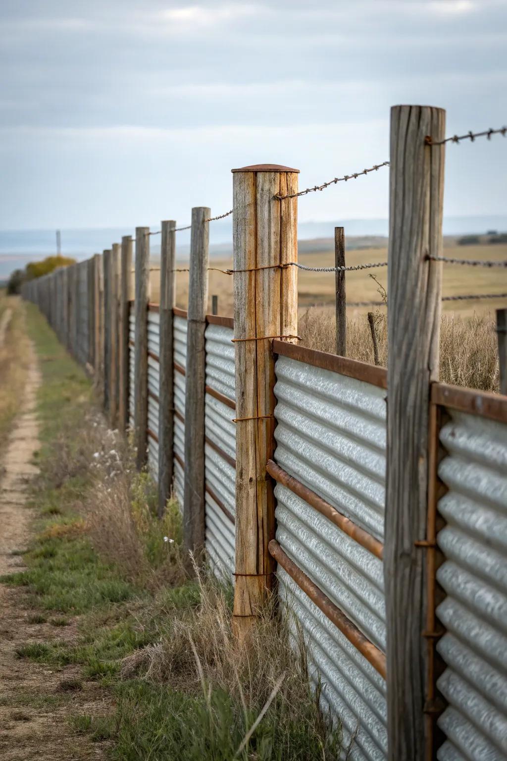 Modern rustic fence with corrugated metal panels and wooden accents.
