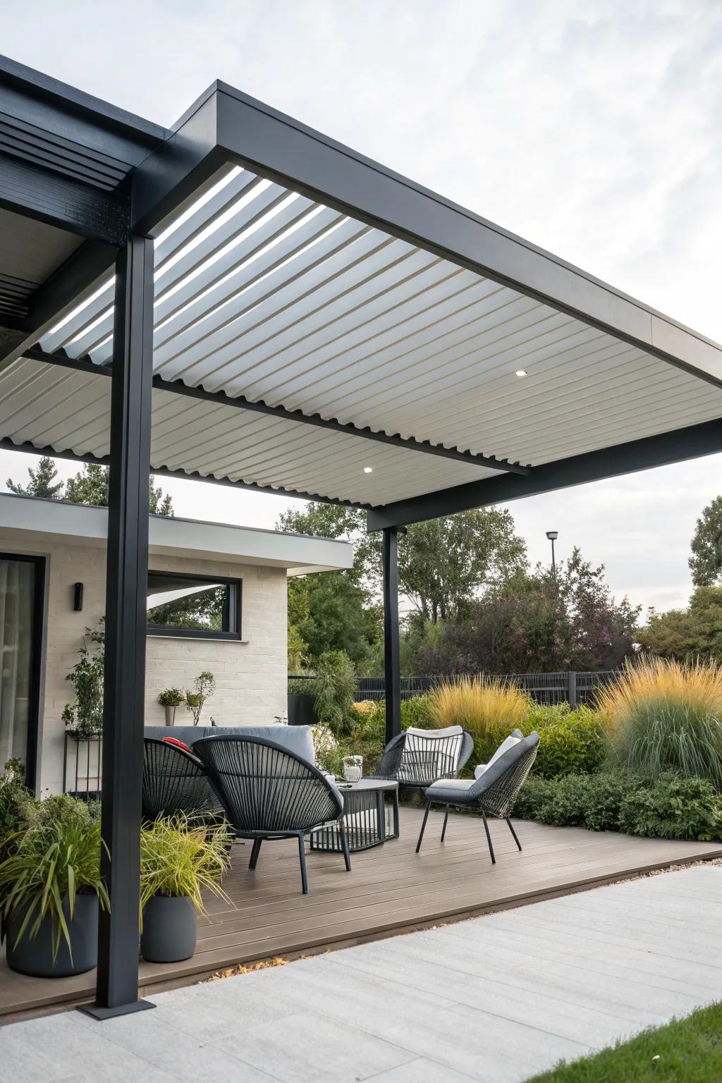 A sleek and minimalist patio design under a metal roof.