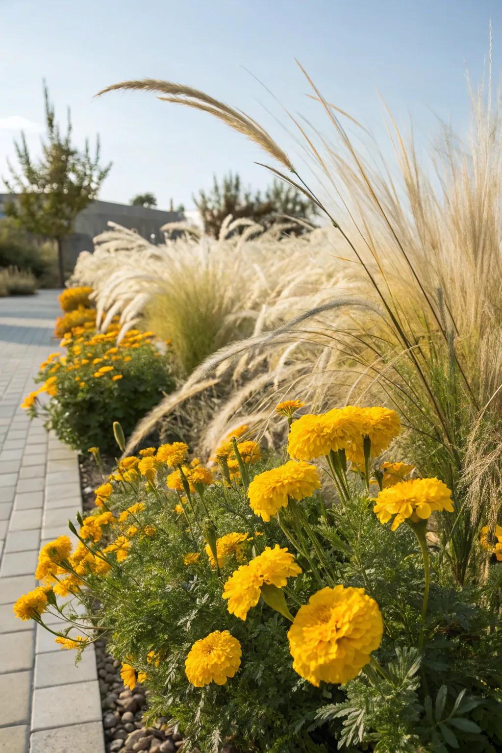 Marigolds bring sunshine to Mexican feather grass gardens.