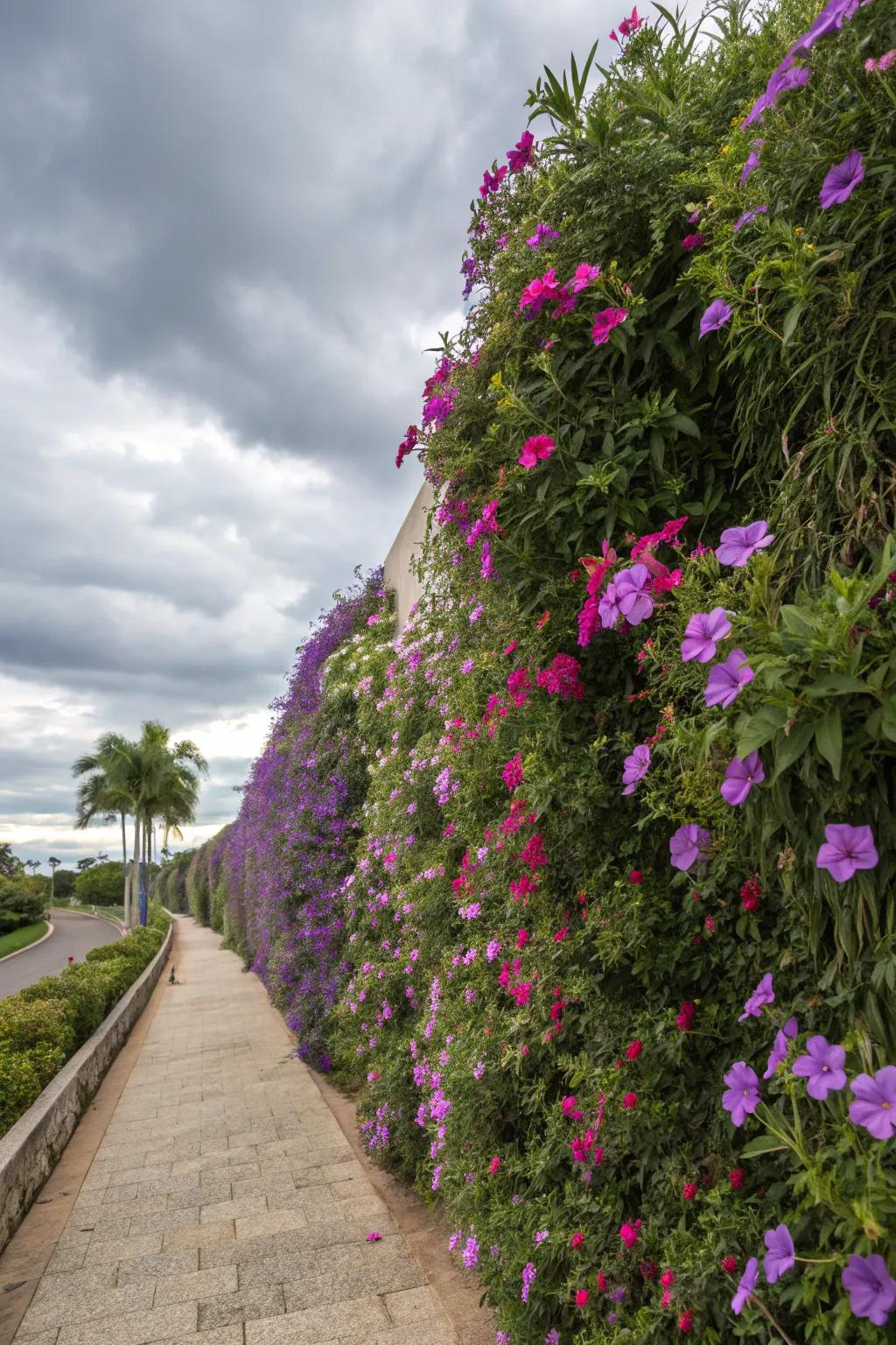 A vertical garden featuring vibrant Mexican petunias.