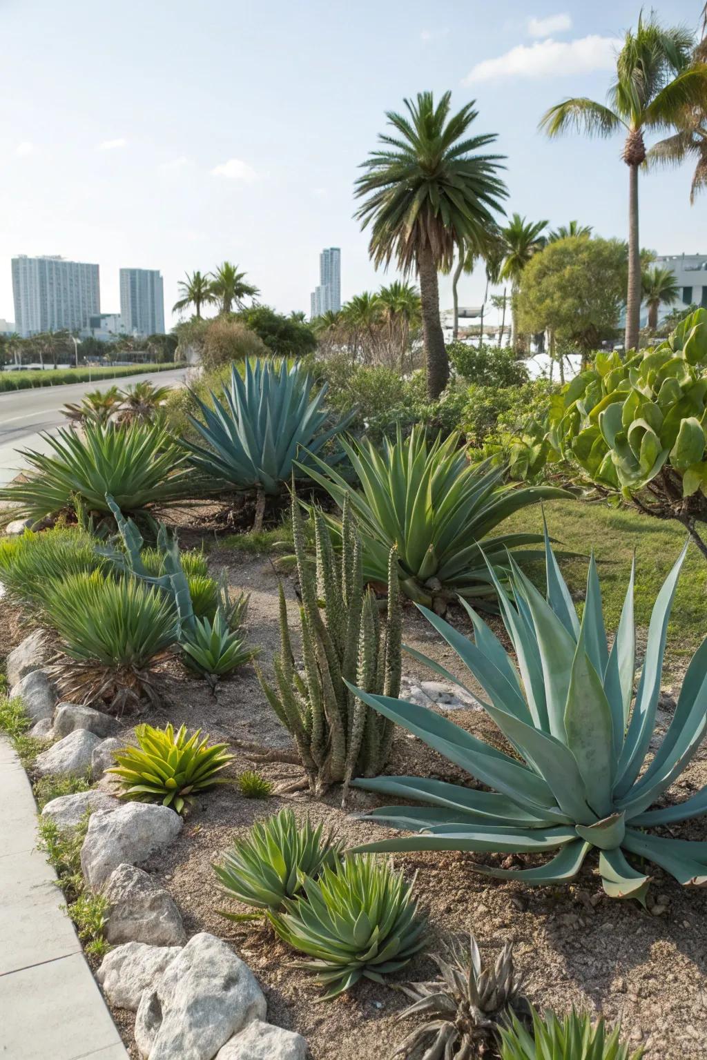 Drought-tolerant plants like succulents and agave reduce watering needs.