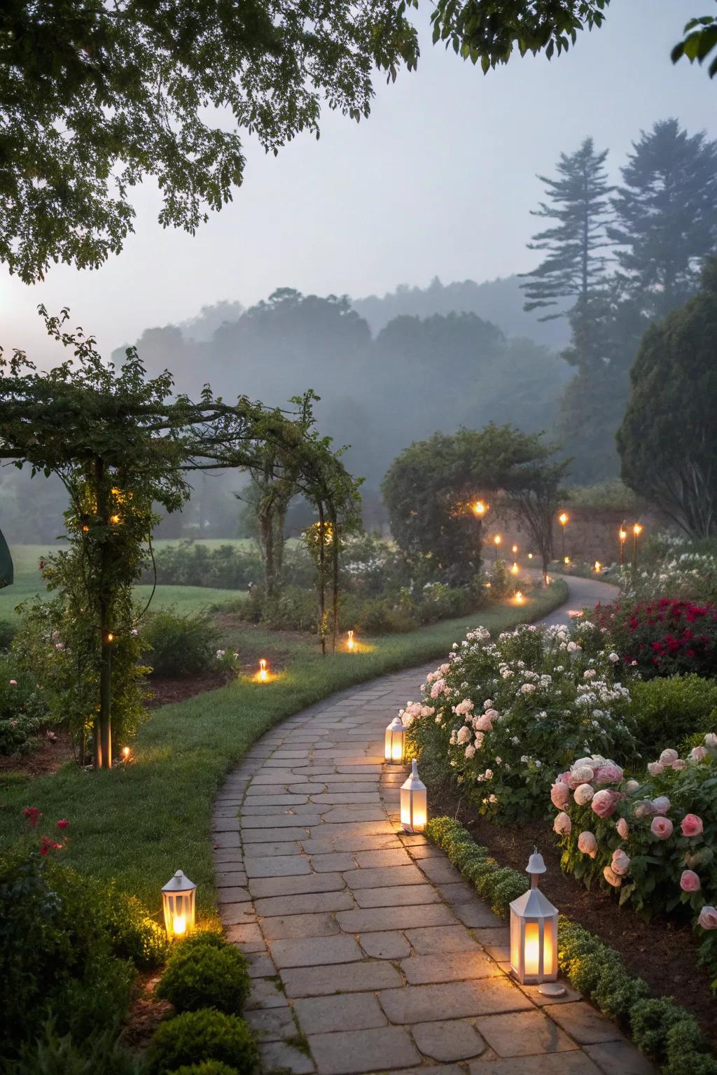 Ambient lighting transforms the garden into a magical nighttime retreat.