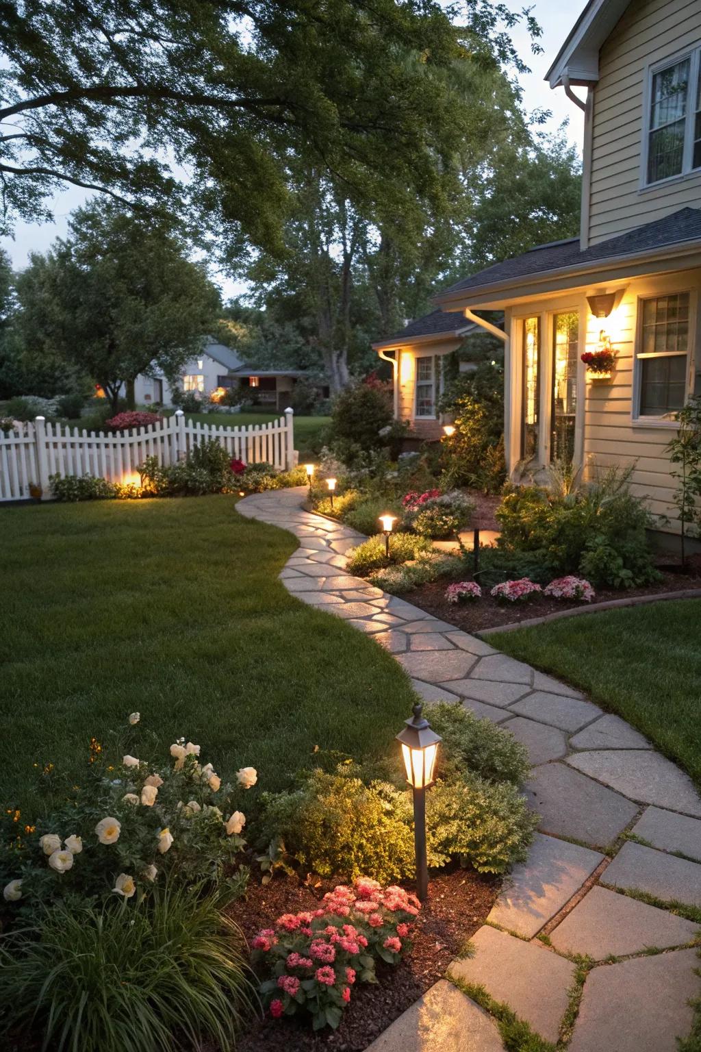 Landscape lighting creates a warm, inviting ambiance in this Midwest front yard.