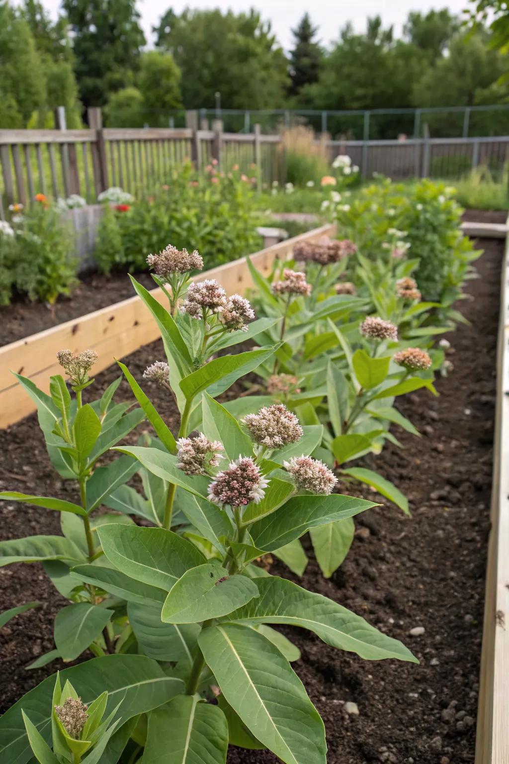 Raised beds keep milkweed contained and accessible.