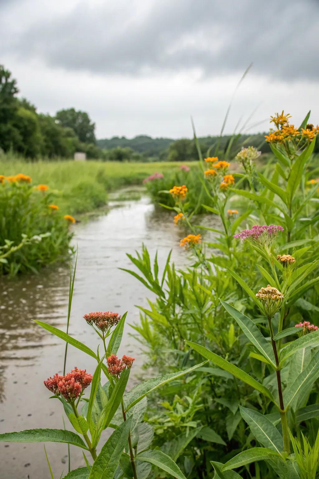 Rain gardens with milkweed manage water and add beauty.