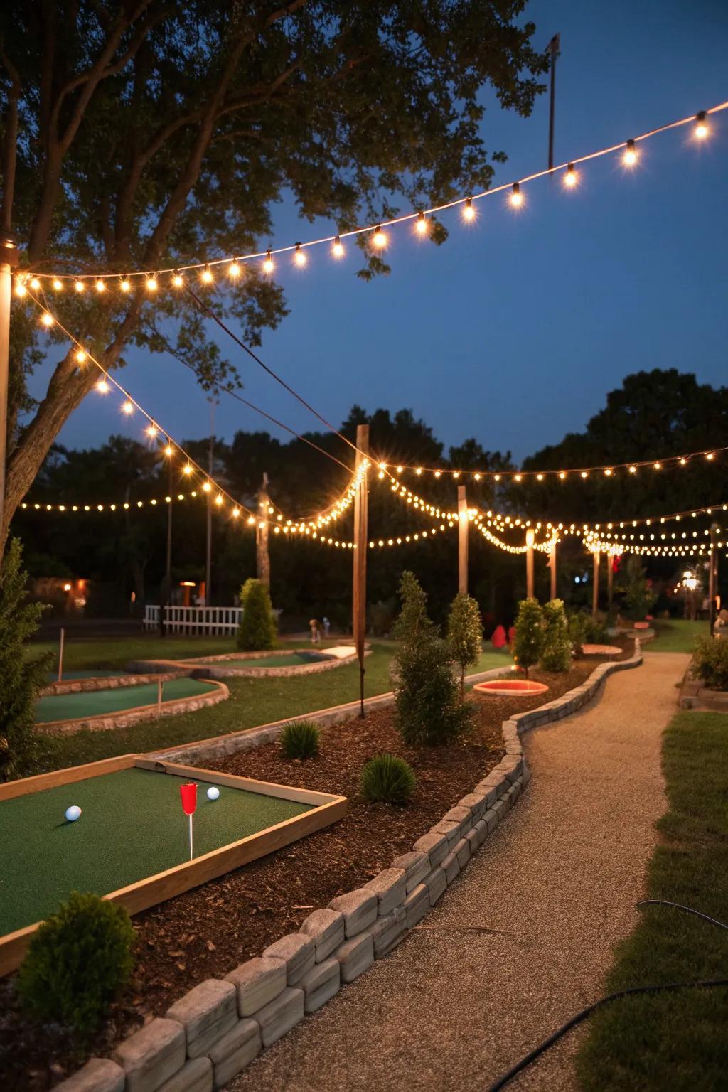 A mini golf course transformed into a magical nighttime retreat with creative lighting.
