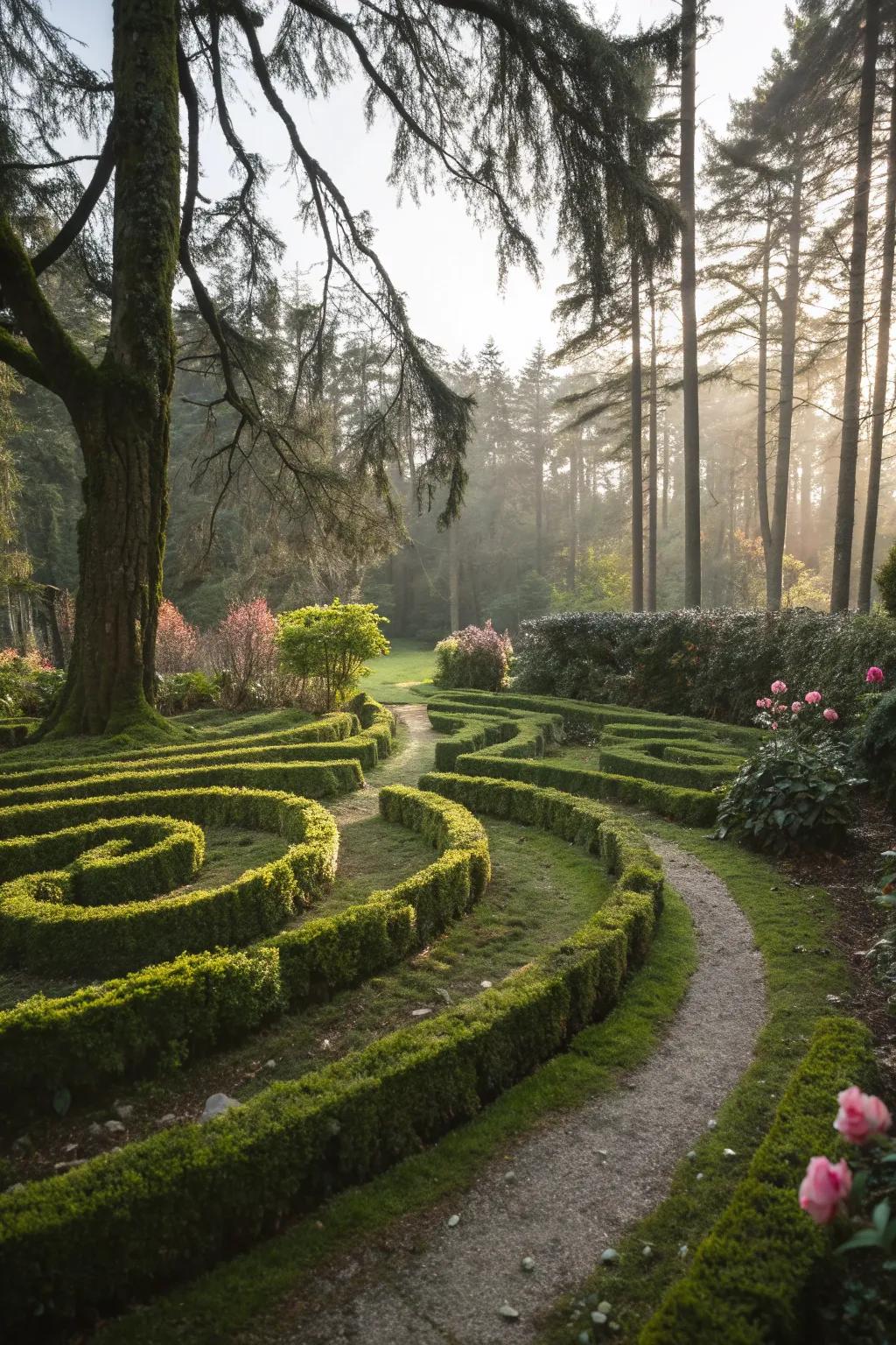 Moss-covered paths provide a soft and inviting labyrinth experience.